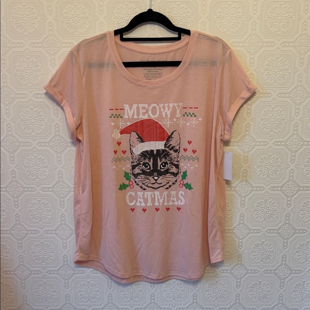 NWT Fifth Sun Pink Meowy Catmas Christmas Cat Tee Size XL